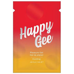 Happy Gee Cooling Pleasure Gel single-use foil packet with red-to-yellow gradient design
