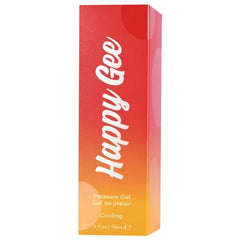 Happy Gee Pleasure Gel box with warm red-to-orange gradient and white script logo, 15mL