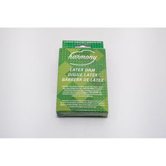 Harmony Latex Dam 6-pack box, green geometric print, front view showing trilingual labeling