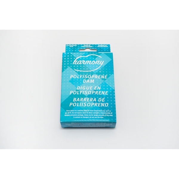 Harmony Polyisoprene Dam 6-pack in teal geometric-print retail box, front view