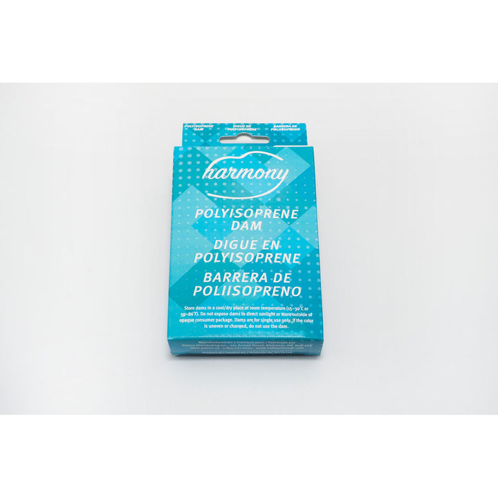 Harmony Polyisoprene Dam 6-pack in teal geometric-print retail box, front view