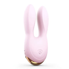 Hear Me baby pink rabbit-ear vibrator front view with power button and gold accent base