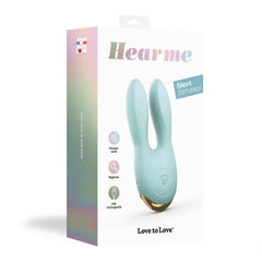 Hear Me Silent Stimulator packaging showing mint device, whisper-quiet and USB rechargeable icons