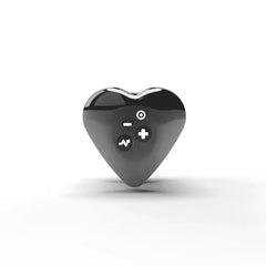 Heart-shaped black eStim vibrator showing vibration, minus, estim, and plus control buttons