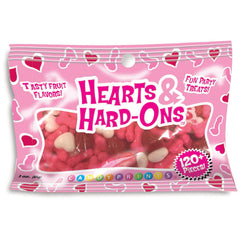 Hearts & Hard-Ons candy bag front, pink packaging with 120+ fruit-flavoured novelty pieces