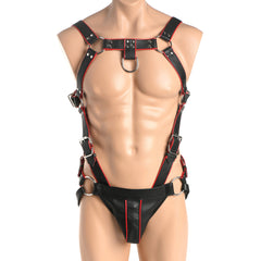 Heathen's Harness on mannequin front view, jock strap attached, showing full black and red ensemble