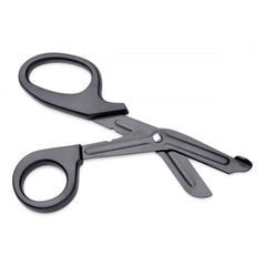 Heavy Duty Bondage Scissors open flat, showing black stainless steel blades and pivot construction