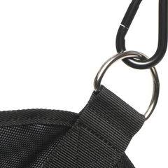 Close-up of heavy-duty O-ring and carabiner hardware on black nylon webbing strap