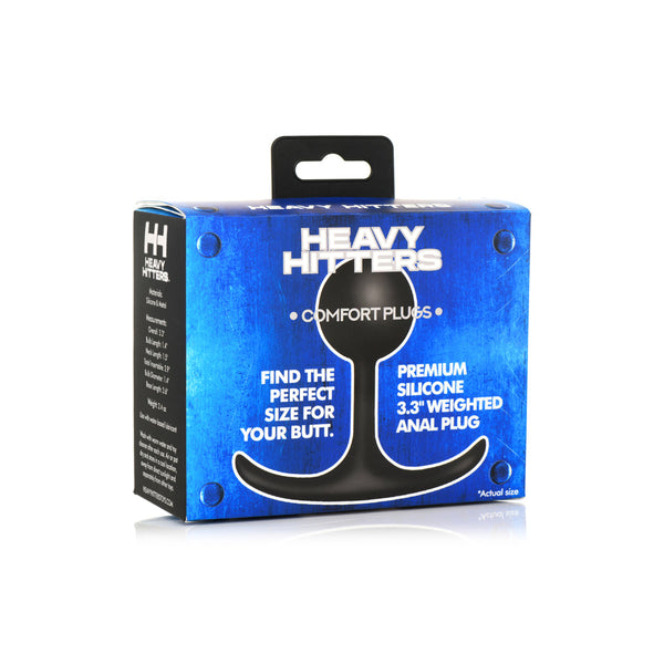 Heavy Hitters Comfort Plugs retail box showing 3.3in premium silicone plug