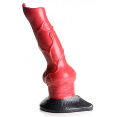 Close-up of the Hell-Hound dildo showing detailed red silicone texture and knotted base