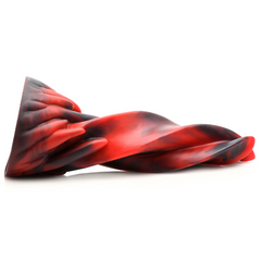 Hell Kiss silicone dildo laid flat, displaying flexible twisted shaft and wide suction cup base