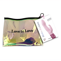 Hello Rabbit Vibrator beside holographic Love to Love pouch and product box