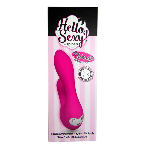 Hello Sexy Shimoji Wireless 9X packaging showing USB rechargeable rabbit vibrator by Shibari