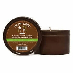 Hemp Seed 3-in-1 Massage Candle in Naked in the Woods scent, brown tin with lit wick
