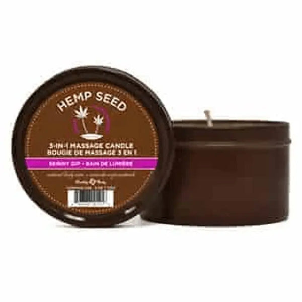 Hemp Seed 3-in-1 Massage Candle in Skinny Dip, brown tin with lid, 6 oz
