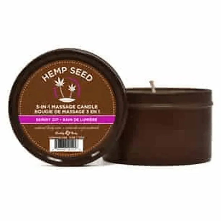 Hemp Seed 3-in-1 Massage Candle in Skinny Dip, brown tin with lid, 6 oz