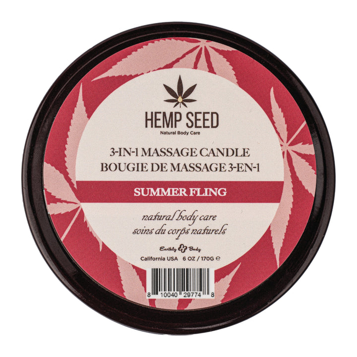 Hemp Seed 3-in-1 Massage Candle Summer Fling top view showing pink label on dark tin