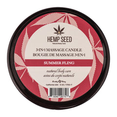 Hemp Seed 3-in-1 Massage Candle Summer Fling top view showing pink label on dark tin