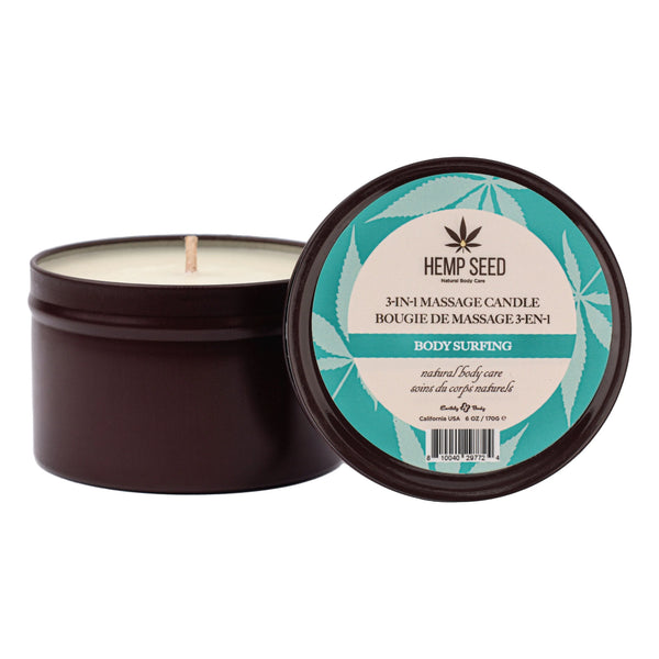 Hemp Seed Body Surfing massage candle open tin showing white soy wax and cotton wick