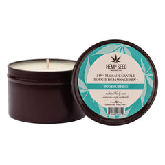 Hemp Seed Body Surfing massage candle open tin showing white soy wax and cotton wick