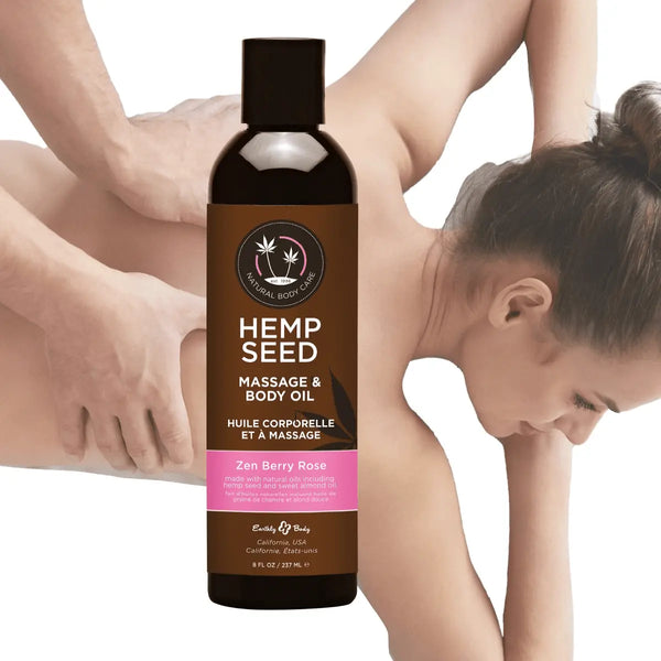 Hemp Seed Massage & Body Oil shown alongside a relaxing back massage in use