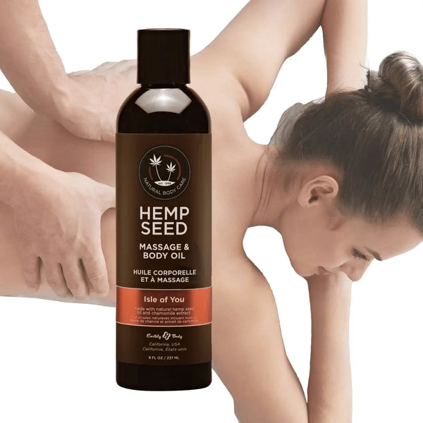 Hemp Seed Massage & Body Oil bottle displayed alongside a relaxing back massage scene