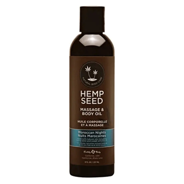 Hemp Seed Massage & Body Oil in Moroccan Nights scent, 8 fl oz dark bottle