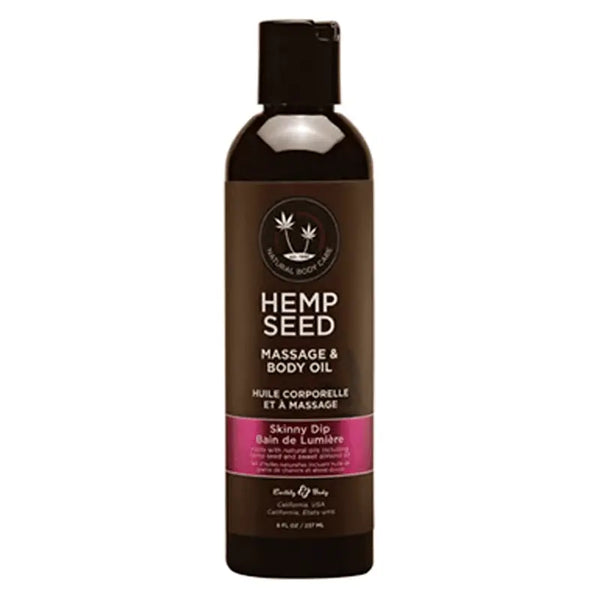 Hemp Seed Massage & Body Oil in Skinny Dip scent, 8 fl oz dark bottle with pink label