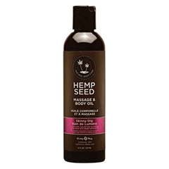 Hemp Seed Massage & Body Oil in Skinny Dip scent, 8 fl oz dark bottle with pink label