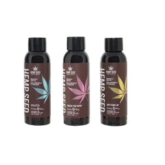 Hemp Seed Stiletto, Crack the Whip, and Bottoms Up massage oils standing upright, front labels visible