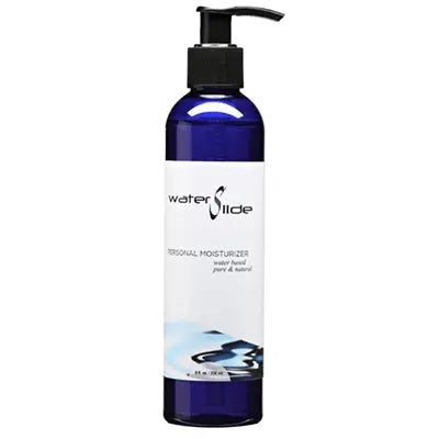 Earthly Body Waterslide personal moisturizer in a cobalt blue pump bottle, 8 fl oz
