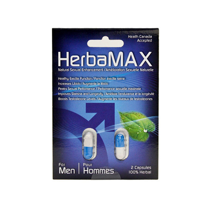 HerbaMAX for Men supplement box containing 2 blue and white herbal capsules
