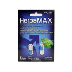 HerbaMAX for Men supplement box containing 2 blue and white herbal capsules