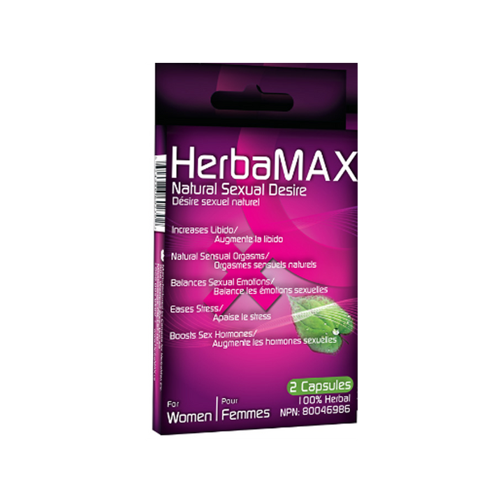 HerbaMax For Women 2-capsule pack, purple box listing natural herbal libido support benefits
