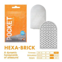 Hexa-Brick Pocket Tenga sleeve beside packaging showing firmness and stimulation rating chart