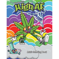 High AF Adult Coloring Book by Wood Rocket with vibrant cartoon cannabis character cover art