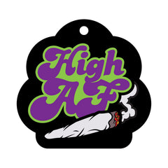 High AF car air freshener tag close-up showing black background with illustrated joint graphic