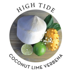 High Tide scent profile label showing coconut, lime, and verbena botanicals