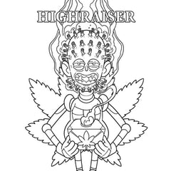 Highraiser coloring page from Killer Buds book showing a detailed line-art character with cannabis leaf