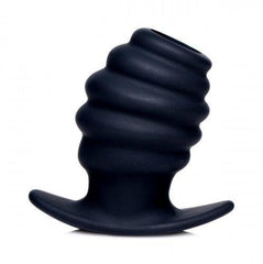 Hive Ass Tunnel Ribbed Hollow Plug small in black silicone with ribbed body and flared base