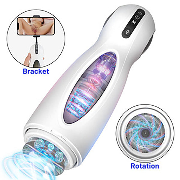 Höm Automatic Stroker held in hand with phone bracket accessory and rotating end cap detail