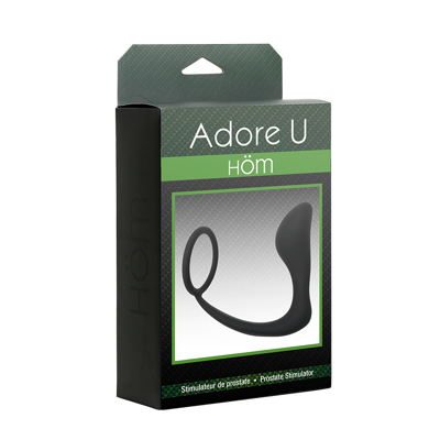 Höm prostate stimulator with ring shown inside open Adore U product box, front angle