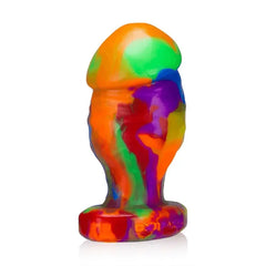 HONCHO-2 buttplug rear angle showing vibrant rainbow swirl pattern throughout soft silicone