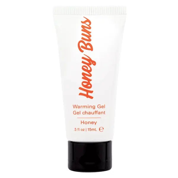 Honey Buns warming arousal gel tube, white with orange script branding, black cap, 15mL