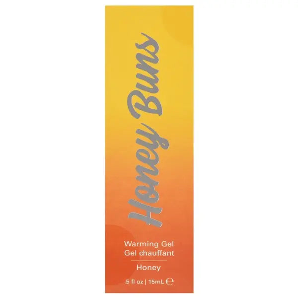 Honey Buns warming gel box front panel, vibrant amber gradient, honey flavor, 15mL size noted