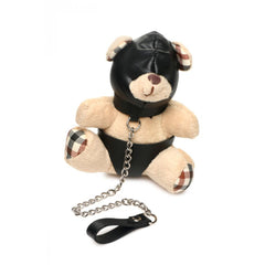 Hooded Teddy Bear Keychain angled front view showing plaid accent ears, black harness body, and silver chain leash with wrist