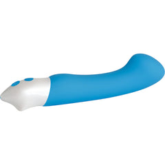 Horizontal angle of curved blue silicone vibrator highlighting slim ergonomic body shape