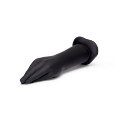 Horizontal lay-flat view of black silicone fisting dildo showing full length and base profile
