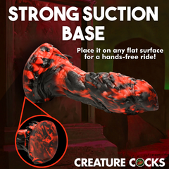 Horizontal lay-flat view of the Reaper Dildo with close-up inset highlighting the suction cup base
