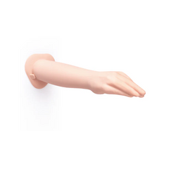 Horizontal close-up of the realistic hand dildo highlighting smooth skin-tone silicone texture